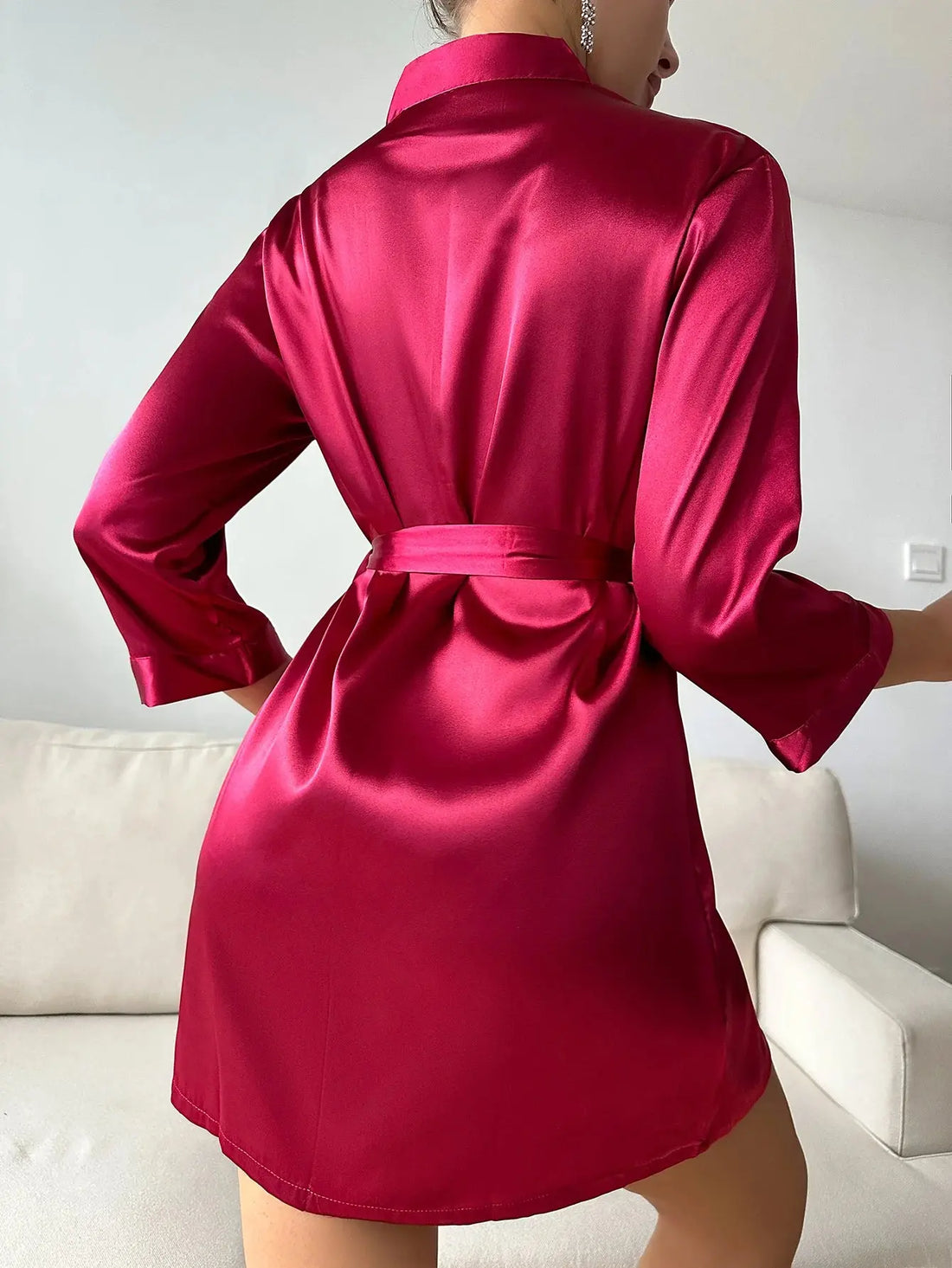 NocteLace™ Sleek Satin Long Sleeve Robe