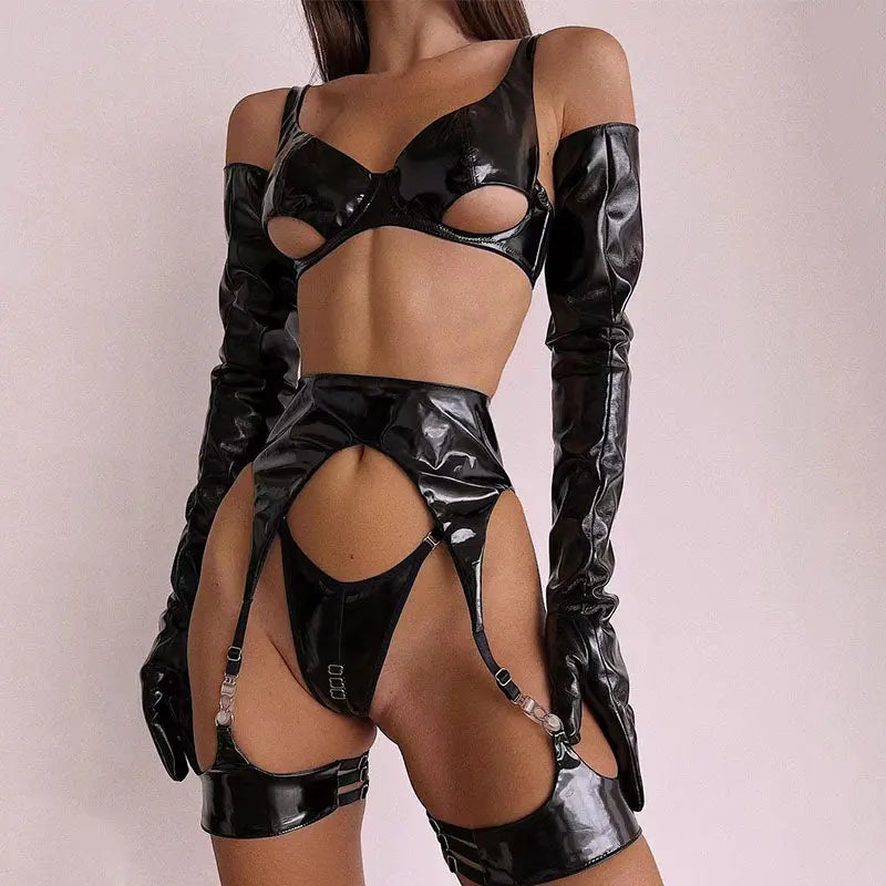 NocteLace™ Latex Leather Lingerie Set Black Pu