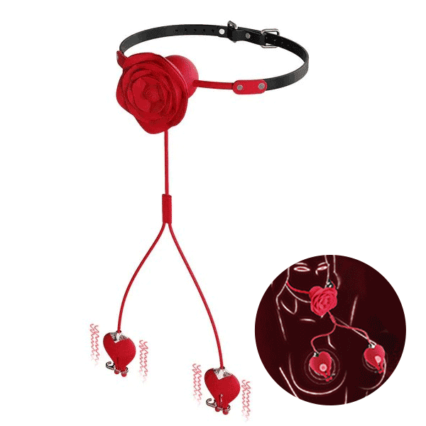 💥2026, Floriss - Rose Nipple Clamp Toys, 2 In 1 Adjustable Rose Necklace Mouth Gag
