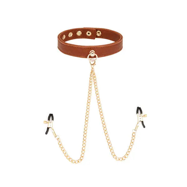 NocteLace™ Brown Leather Collar & Nipple Clamps