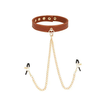 NocteLace™ Brown Leather Collar & Nipple Clamps